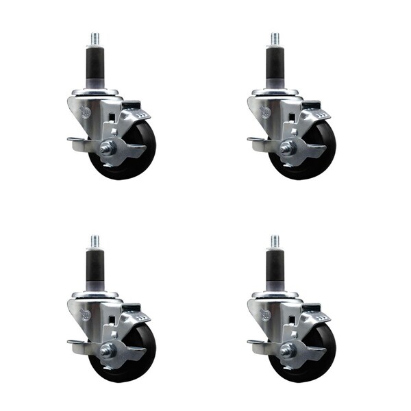 3'' SS Soft Rubber Swivel 1-1/8'' Expanding Stem Caster Set with Brake, 4PK